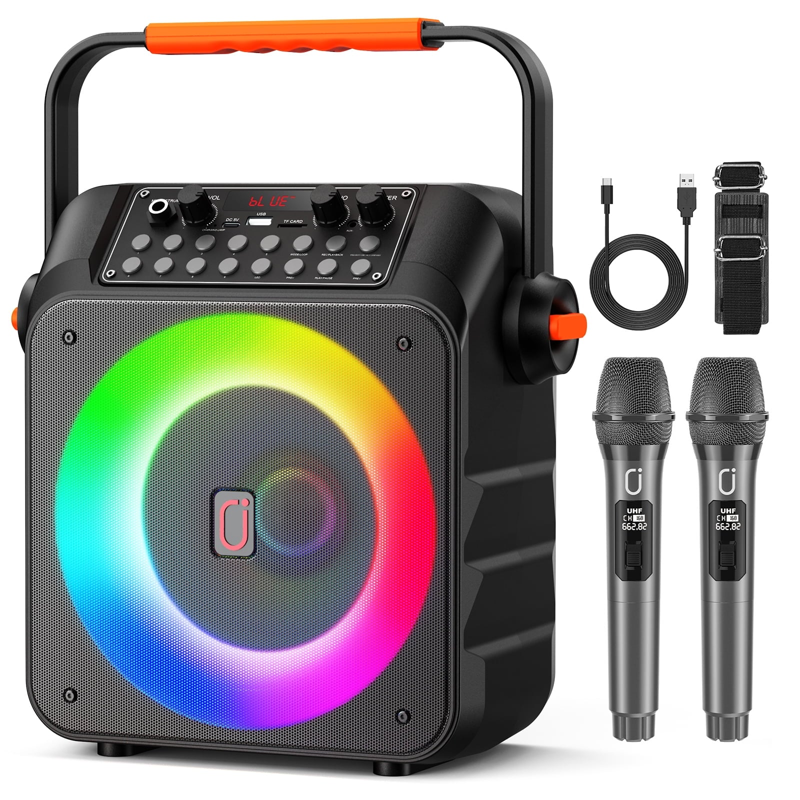 Karaoke Machine for Adults, Portable Party Speaker with 2 Wireless Microphones, Home Singing Karaoke Speaker Bluetooth with LED Light