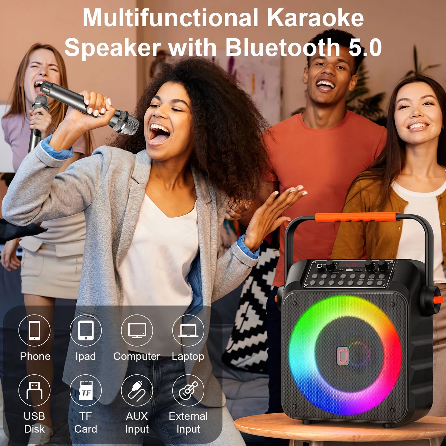 Karaoke Machine for Adults, Portable Party Speaker with 2 Wireless Microphones, Home Singing Karaoke Speaker Bluetooth with LED Light