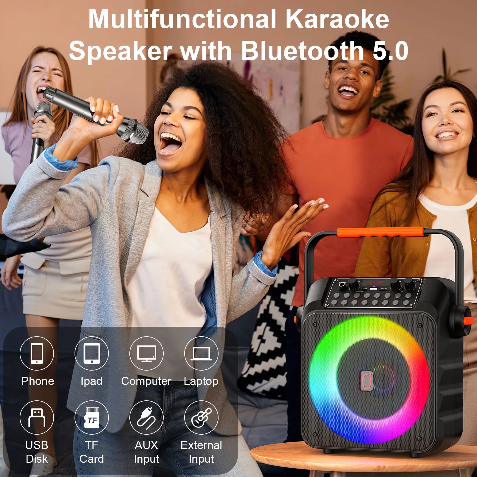 Karaoke Machine for Adults, Portable Party Speaker with 2 Wireless Microphones, Home Singing Karaoke Speaker Bluetooth with LED Light