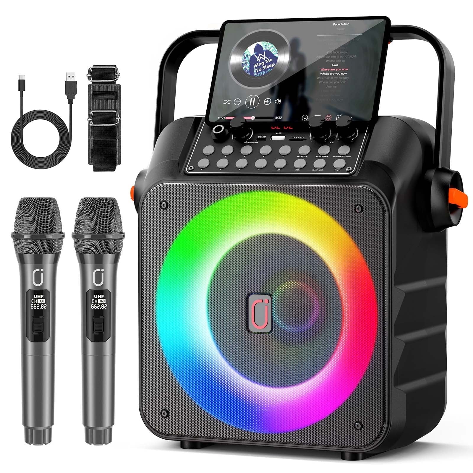 Karaoke Machine for Adults, Portable Party Speaker with 2 Wireless Microphones, Home Singing Karaoke Speaker Bluetooth with LED Light